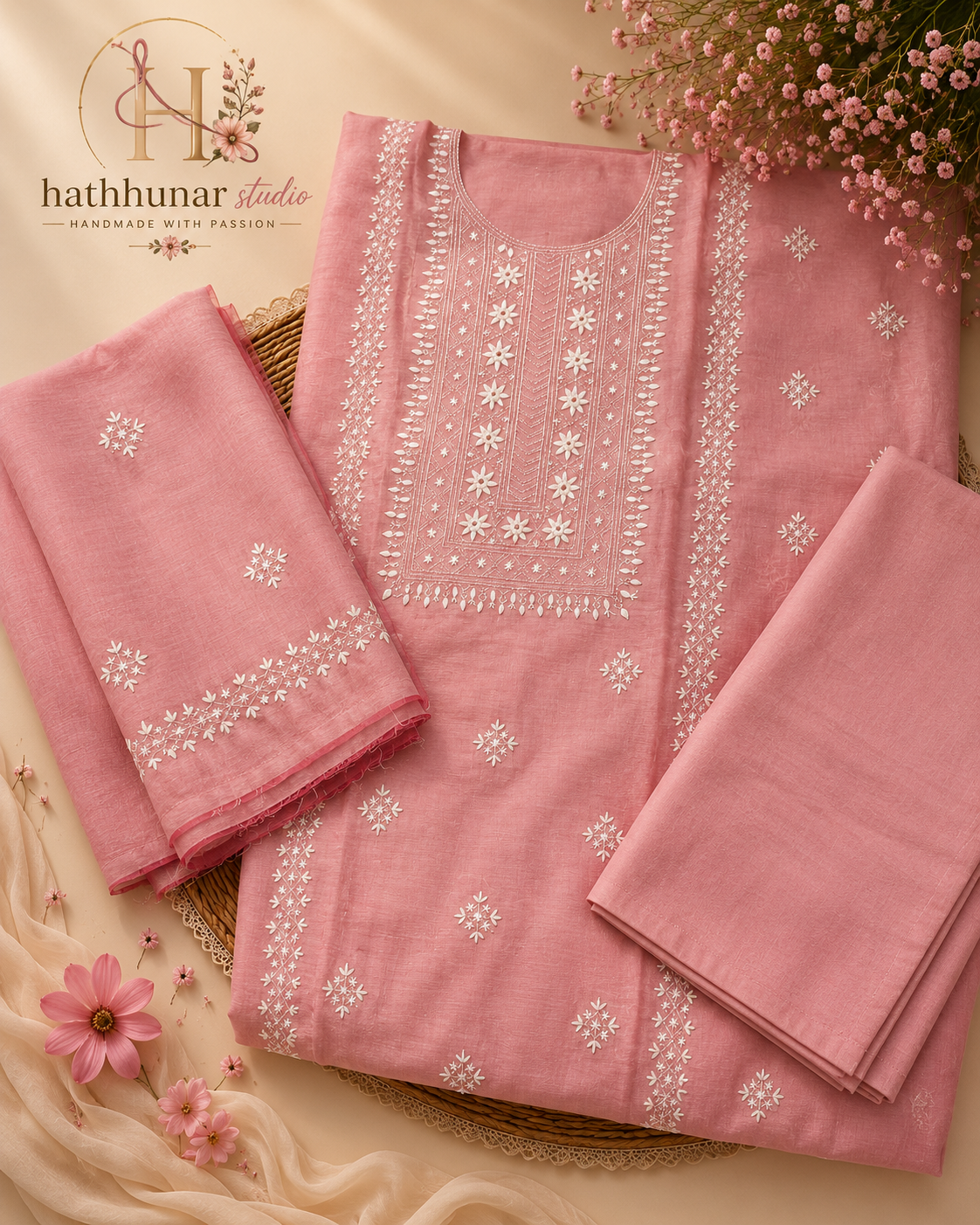3 Piece- Embroidered Dusty Pink Paper Cotton Suit - 42602025