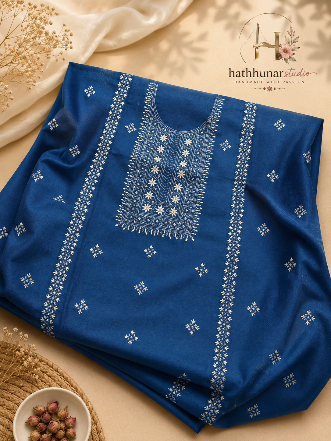3 Piece- Embroidered Royal Blue Paper Cotton Suit - 42602026