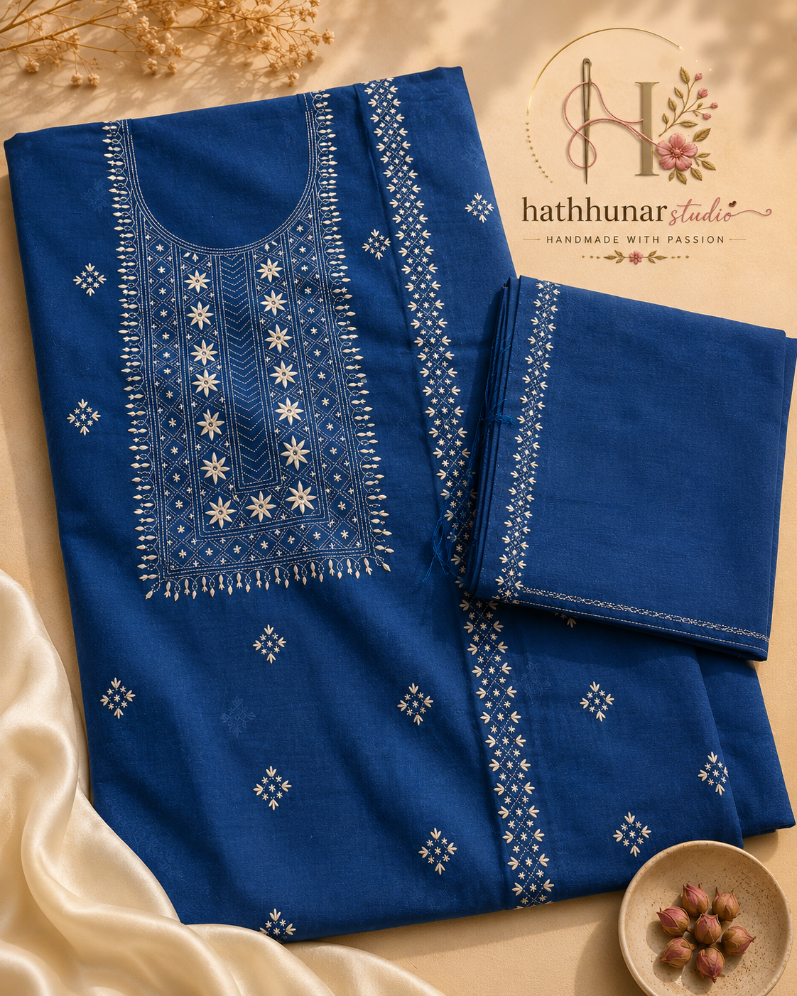 3 Piece- Embroidered Royal Blue Paper Cotton Suit - 42602026