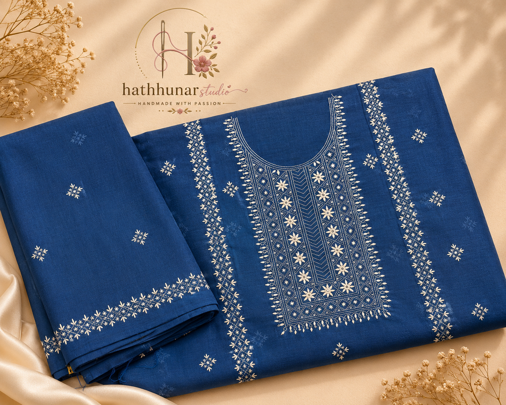 3 Piece- Embroidered Royal Blue Paper Cotton Suit - 42602026