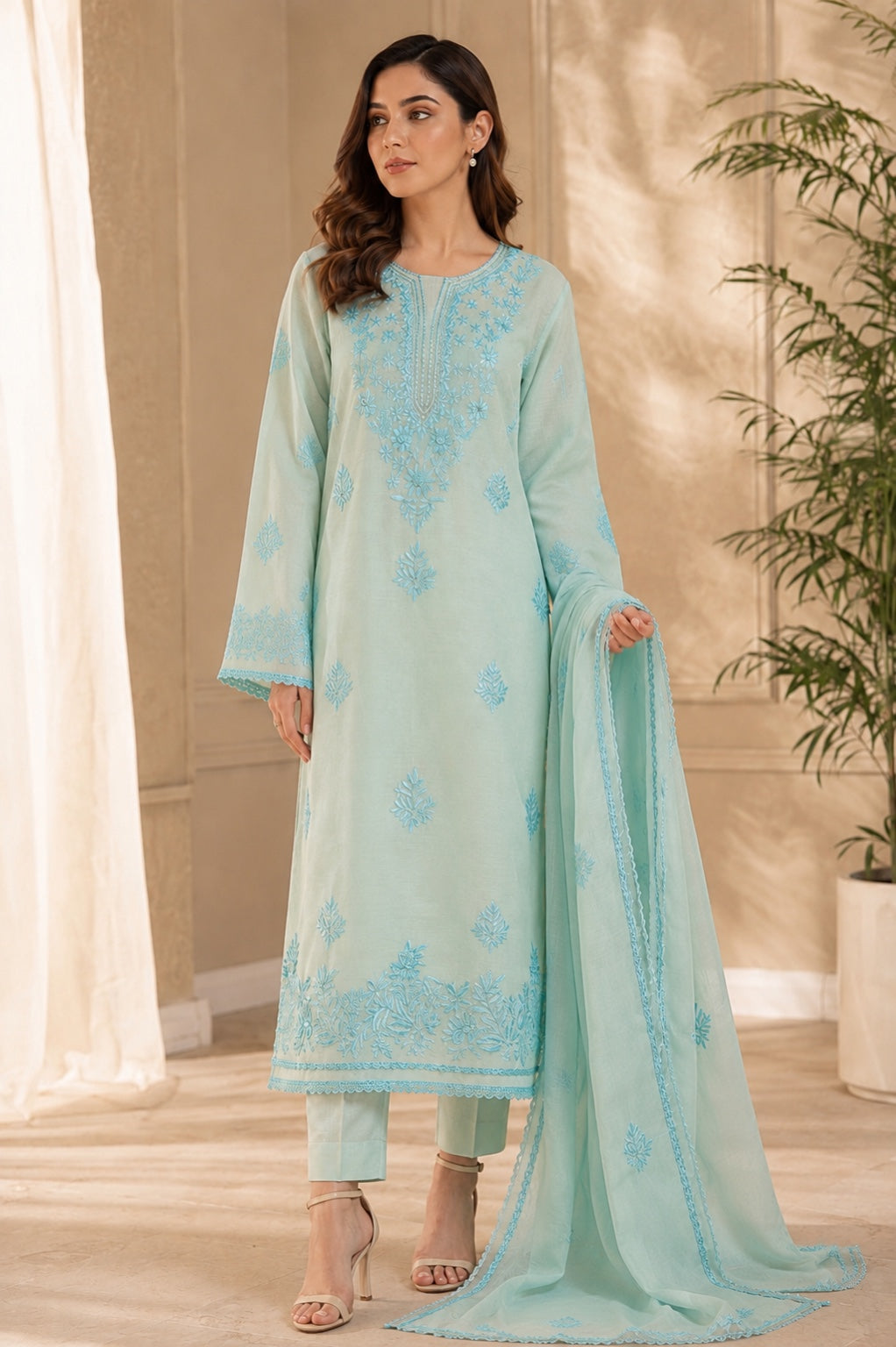 3 Piece - Aqua Bloom Embroidered Suit with Embroidered Dupatta