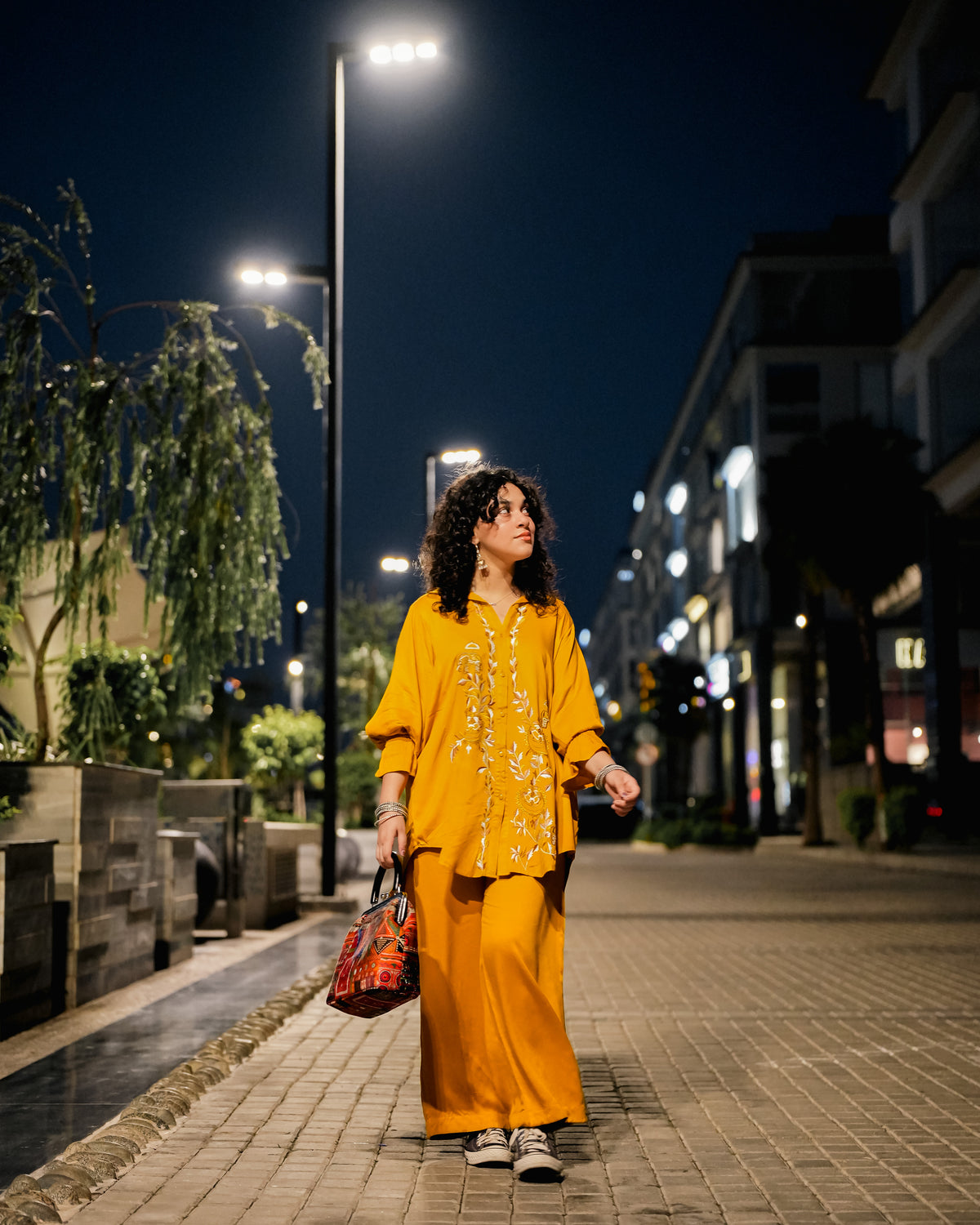 2-Piece Co-Ord - Mustard Bloom Embroidered Silky Linen