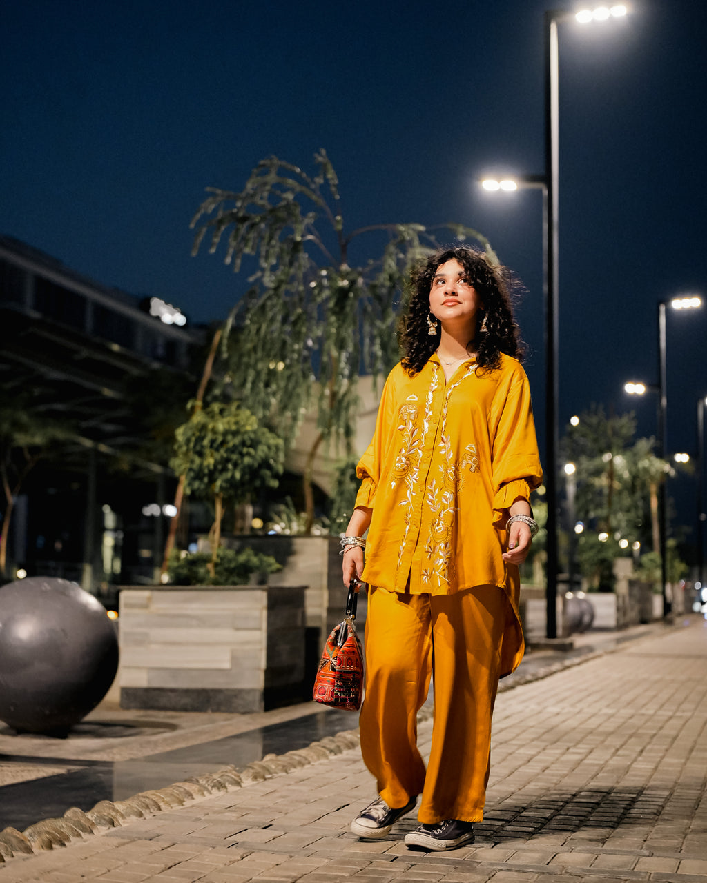 2-Piece Co-Ord - Mustard Bloom Embroidered Silky Linen