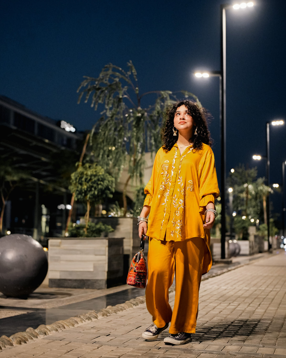 2-Piece Co-Ord - Mustard Bloom Embroidered Silky Linen