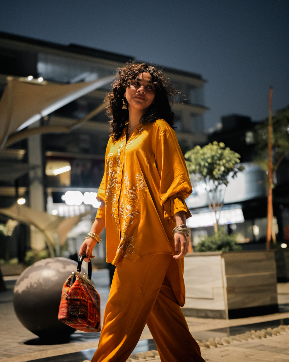 2-Piece Co-Ord - Mustard Bloom Embroidered Silky Linen