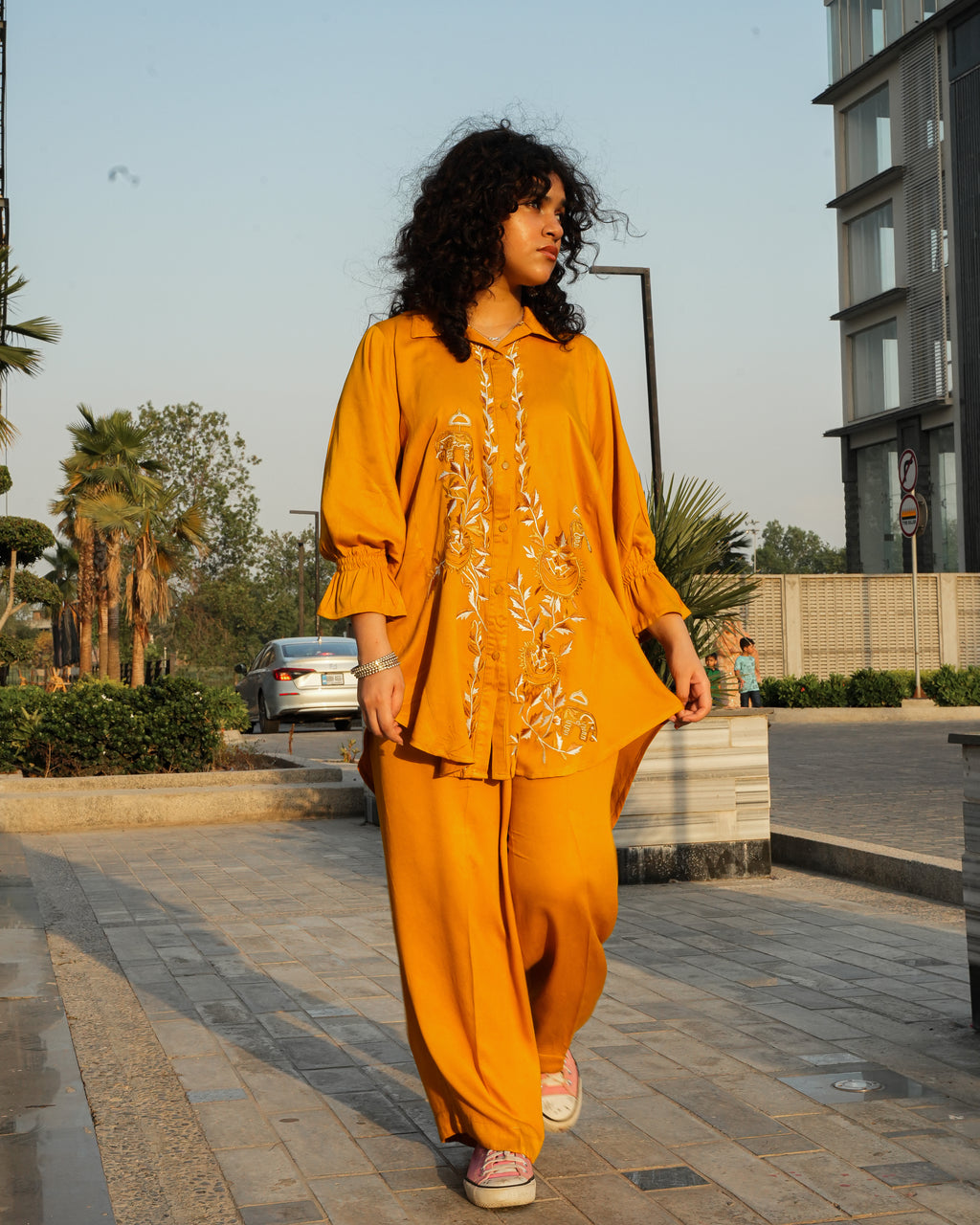 2-Piece Co-Ord - Mustard Bloom Embroidered Silky Linen