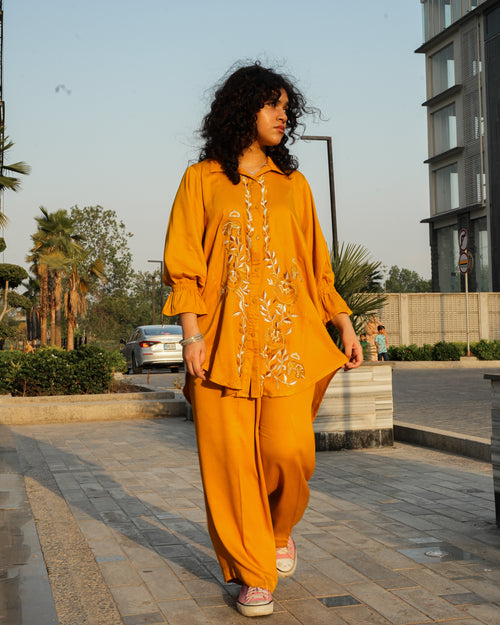 2-Piece Co-Ord - Mustard Bloom Embroidered Silky Linen