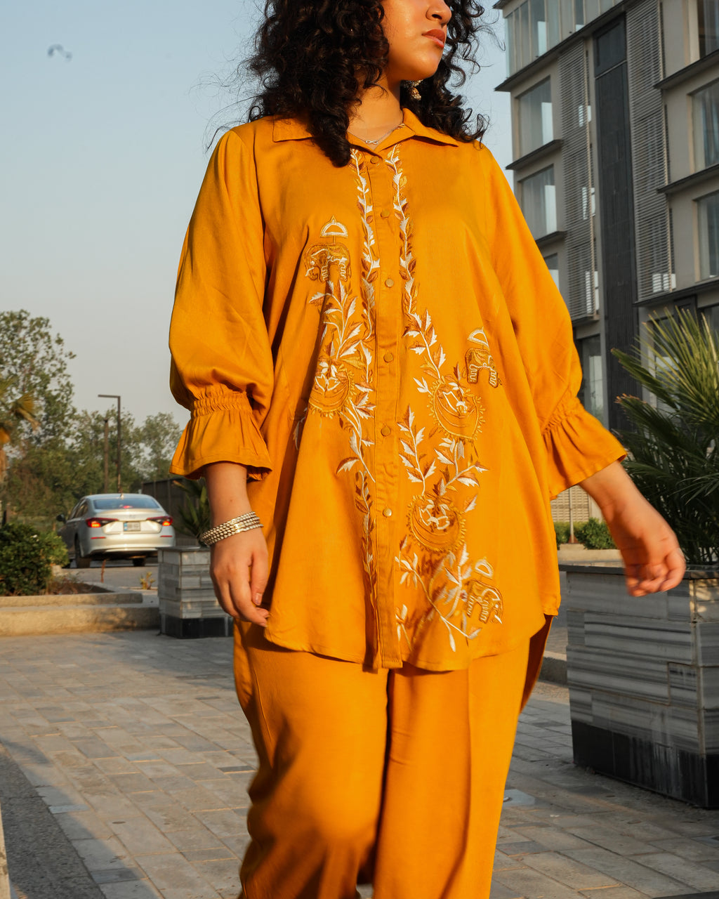 2-Piece Co-Ord - Mustard Bloom Embroidered Silky Linen