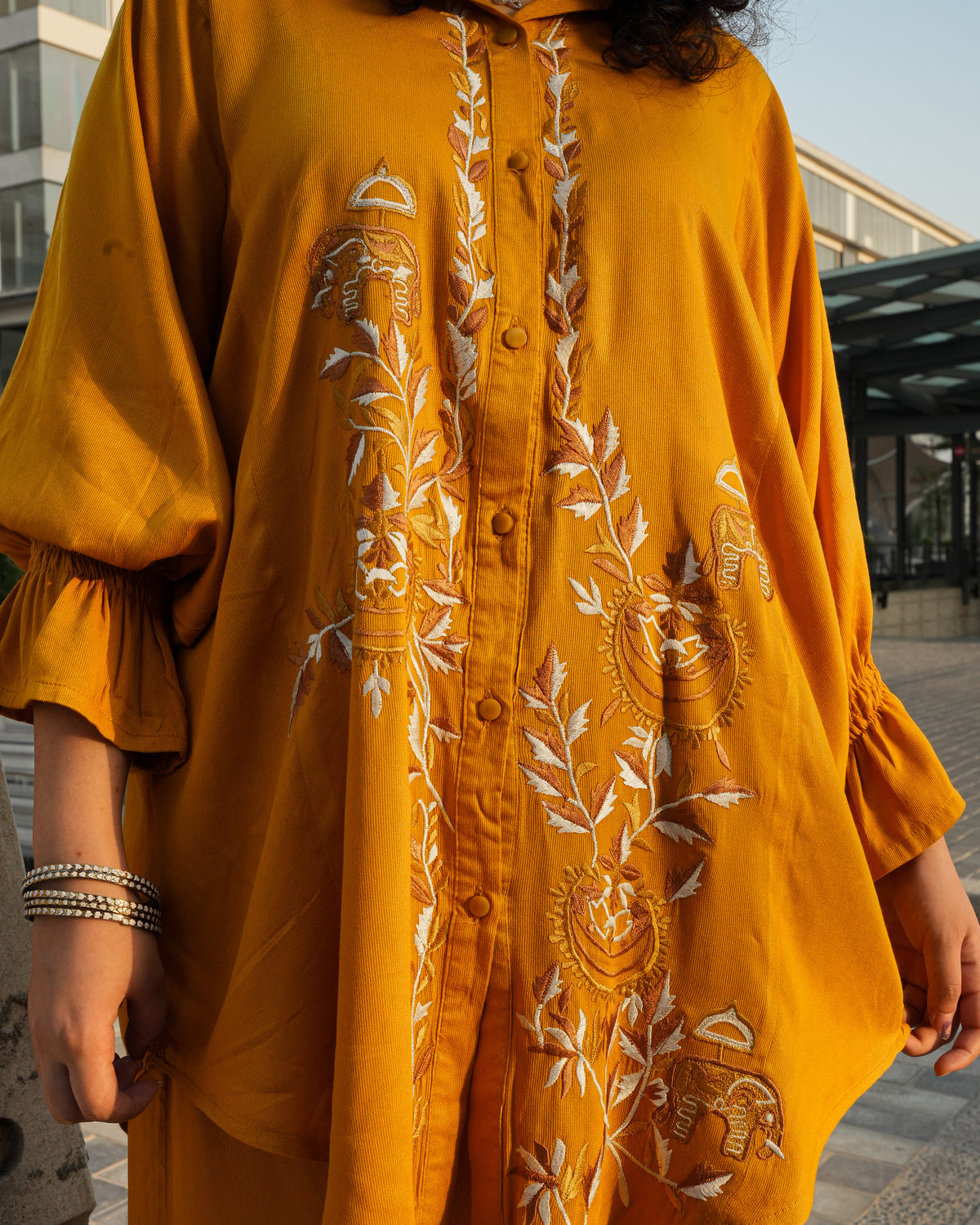 2-Piece Co-Ord - Mustard Bloom Embroidered Silky Linen