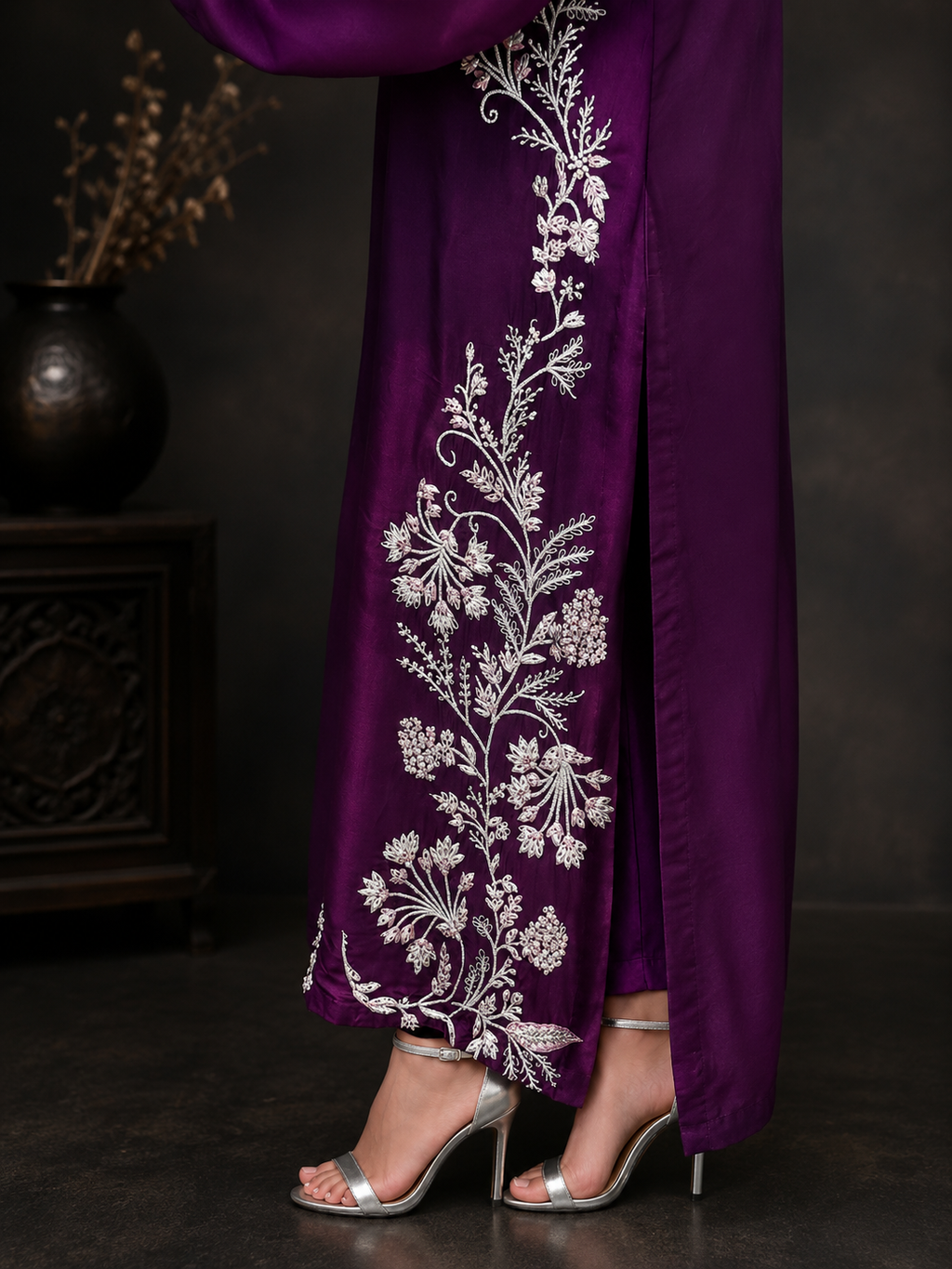 2 Piece - Royal Plum Embroidered Tasar Silk Suit