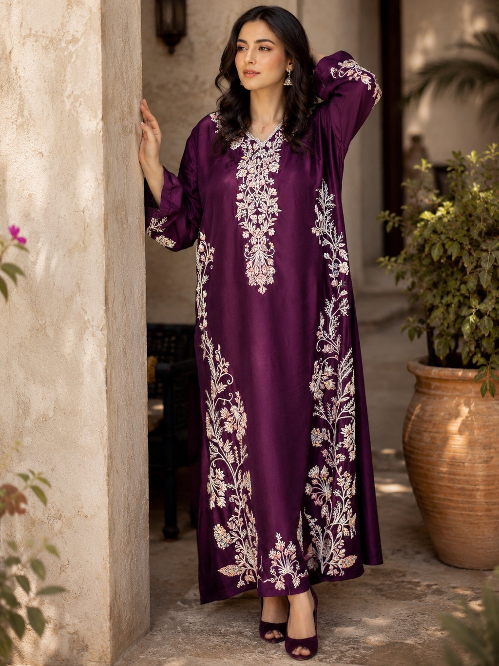 2 Piece - Royal Plum Embroidered Tasar Silk Suit