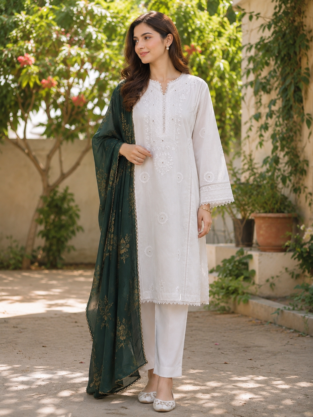 3 Piece - Azadi Noor Pure White Embroidered Lawn Suit with Jacquard Dupatta