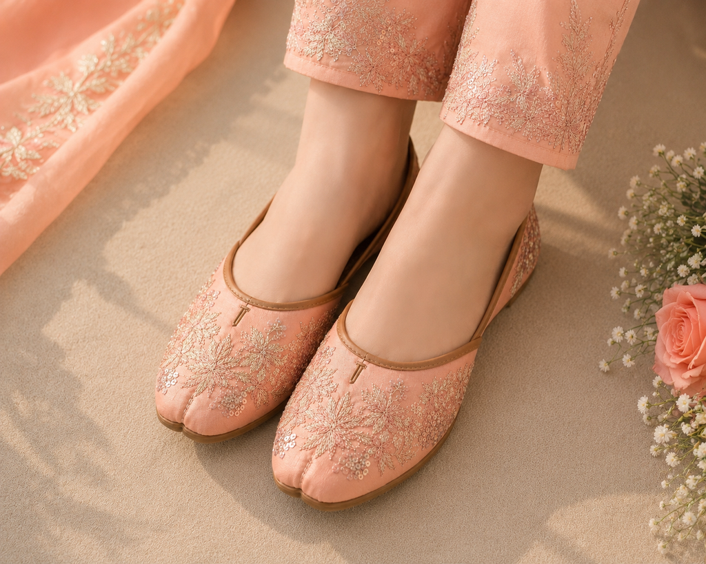 Peach Blossom Handmade Embroidered Khussa