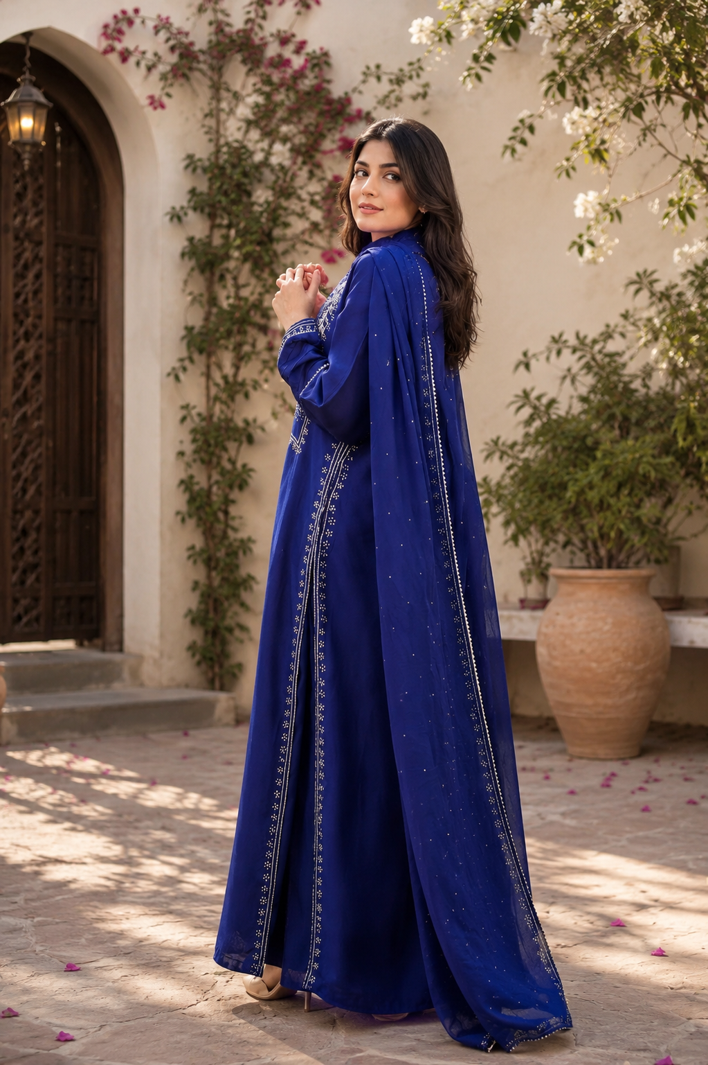 3 Piece Royal Blue Embroidered Sheesh Silk Suit