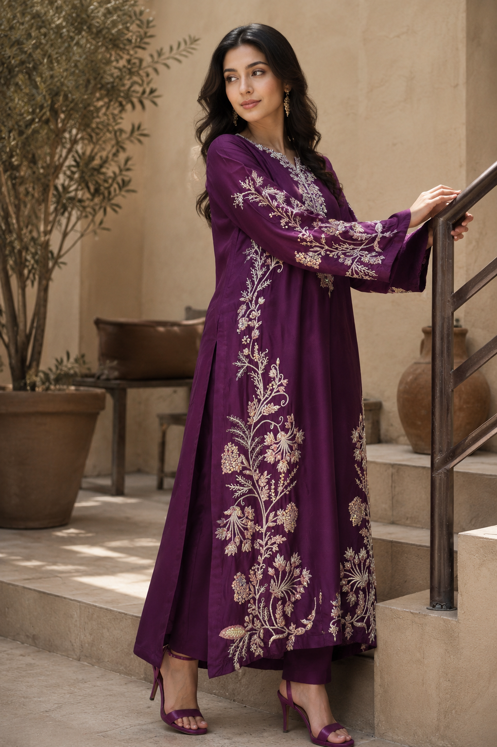 2 Piece - Royal Plum Embroidered Tasar Silk Suit