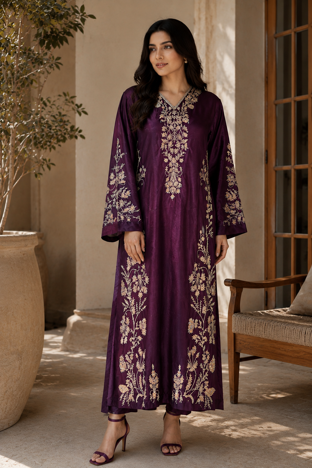 2 Piece - Royal Plum Embroidered Tasar Silk Suit