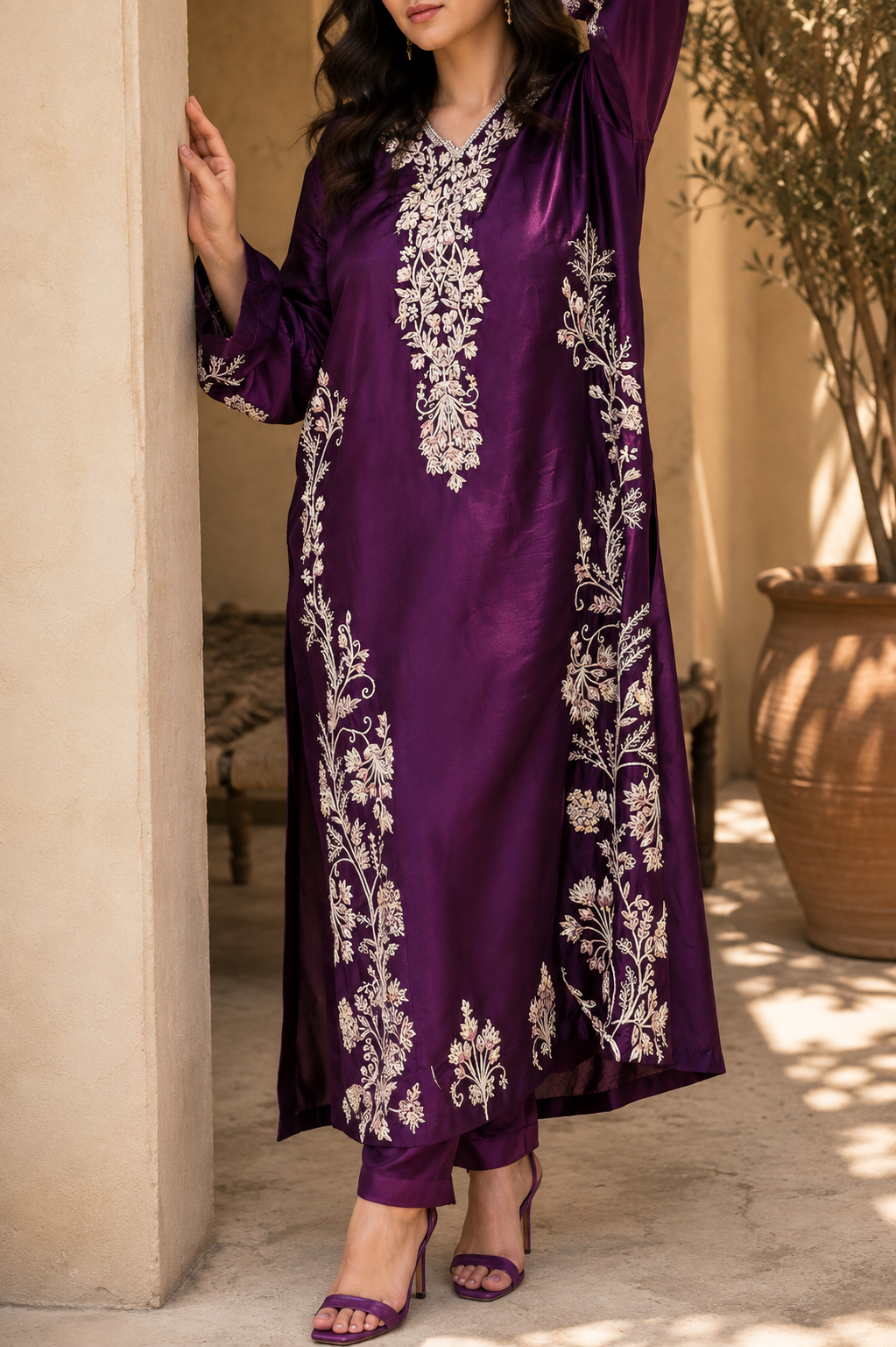 2 Piece - Royal Plum Embroidered Tasar Silk Suit