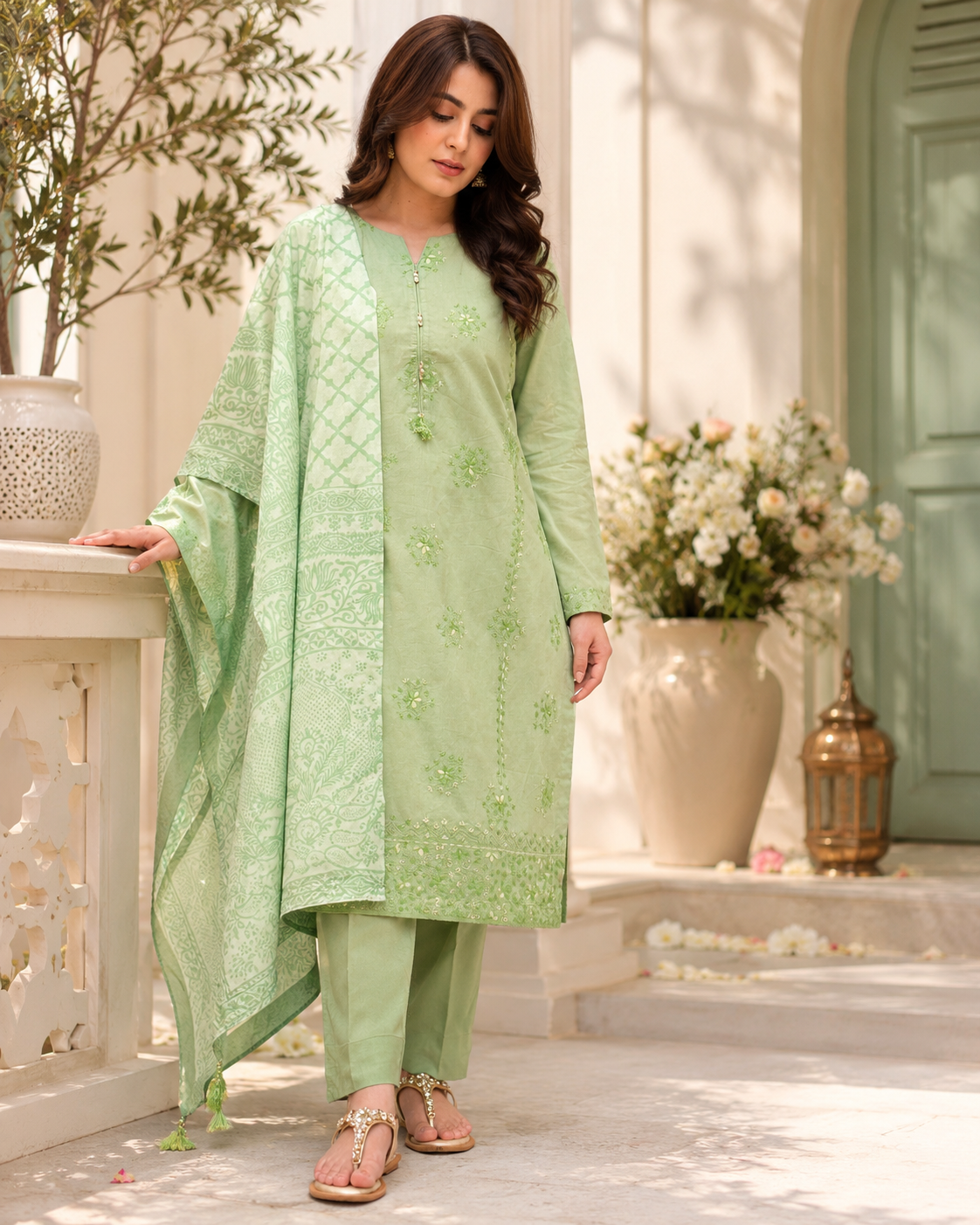 Mint Whisper - 3 Piece Embroidered Lawn Suit with Printed Lawn Dupatta