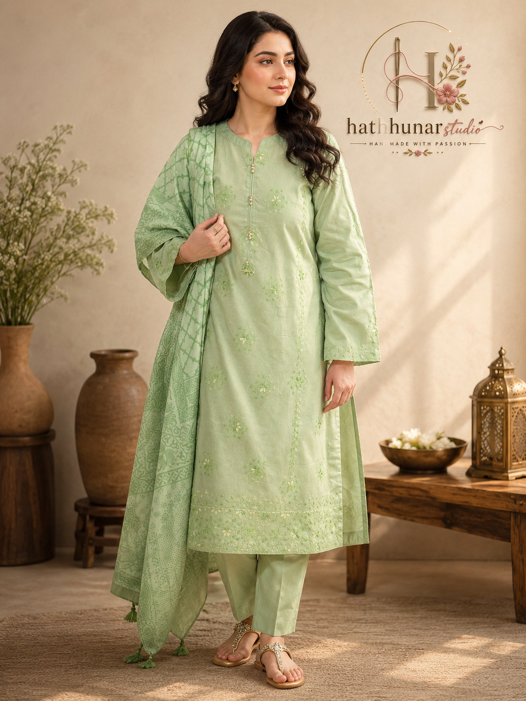 Mint Whisper - 3 Piece Embroidered Lawn Suit with Printed Lawn Dupatta