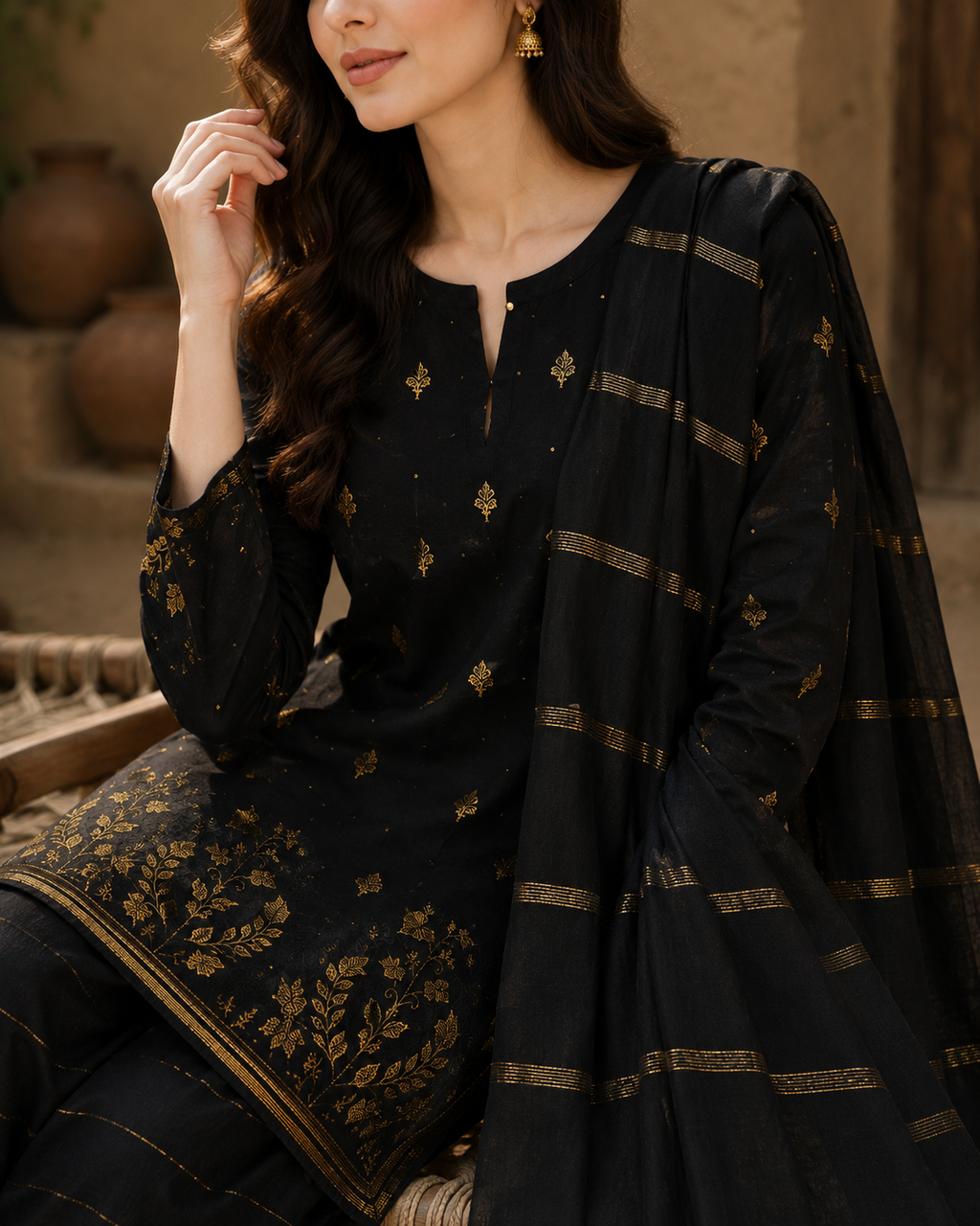 3 Piece - Noir Heritage Jacquard Lawn Suit with Handmade Khaddiyan Dupatta