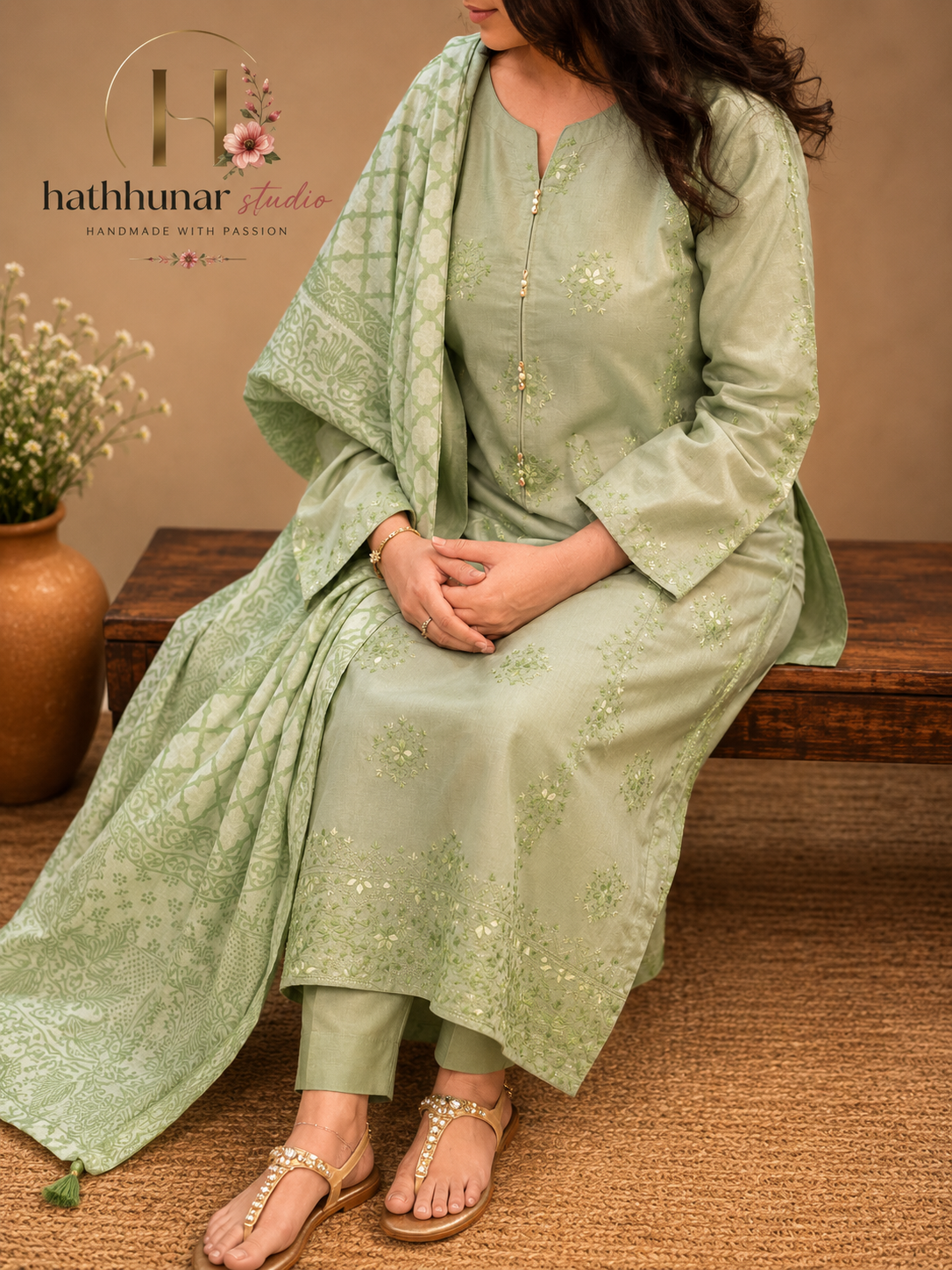 Mint Whisper - 3 Piece Embroidered Lawn Suit with Printed Lawn Dupatta