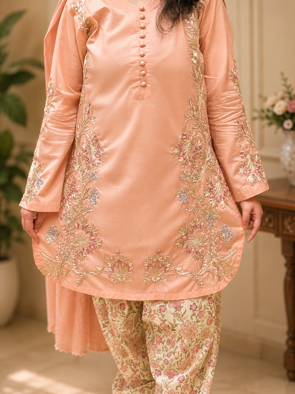 3 Piece - Peach Grace Embroidered Lawn Suit with Jacquard Dupatta