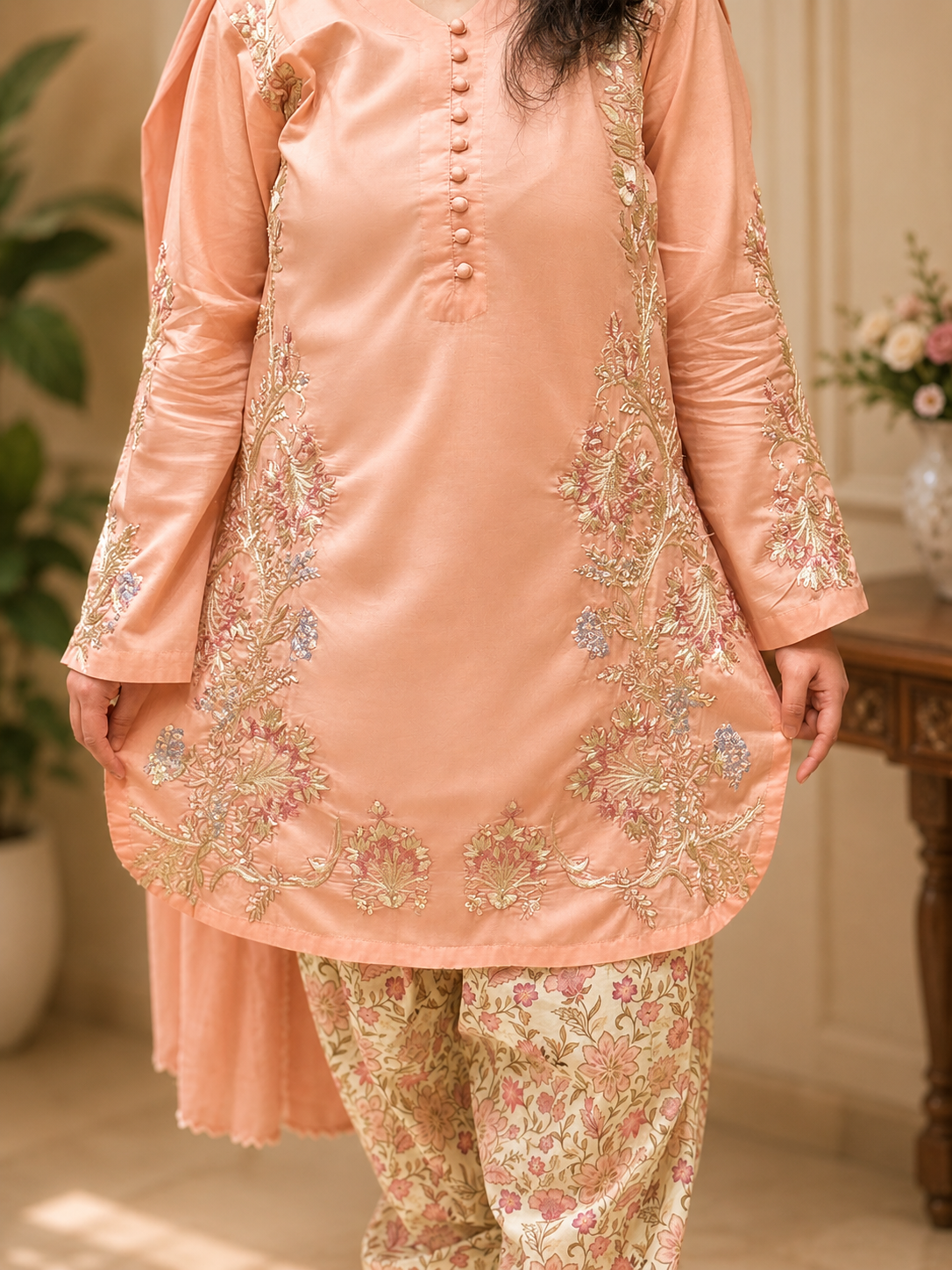 3 Piece - Peach Grace Embroidered Lawn Suit with Jacquard Dupatta
