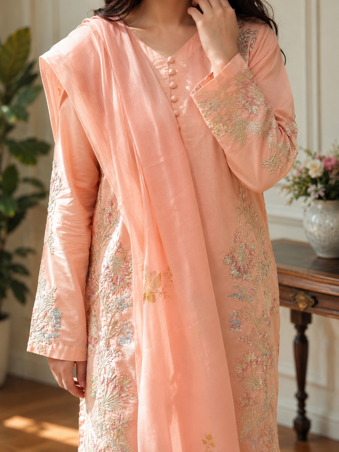 3 Piece - Peach Grace Embroidered Lawn Suit with Jacquard Dupatta