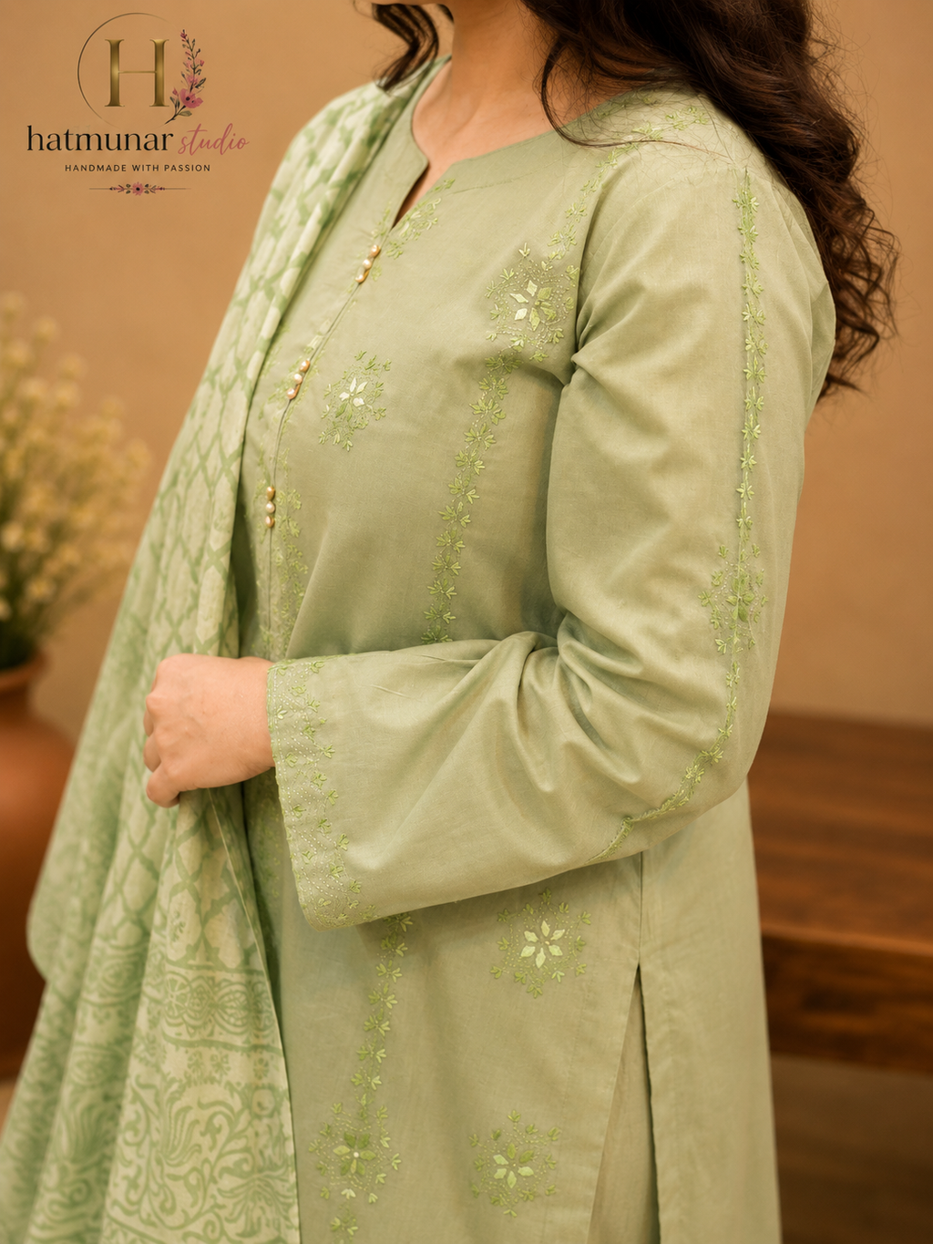 Mint Whisper - 3 Piece Embroidered Lawn Suit with Printed Lawn Dupatta