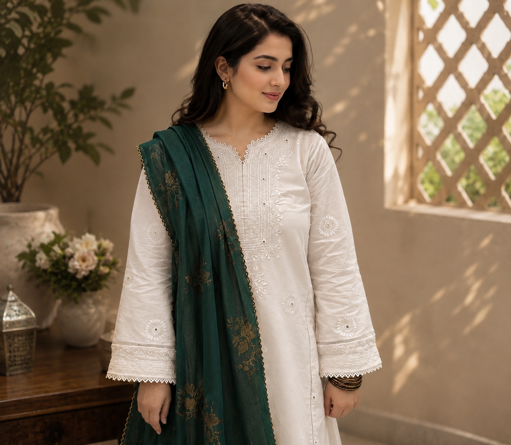3 Piece - Azadi Noor Pure White Embroidered Lawn Suit with Jacquard Dupatta