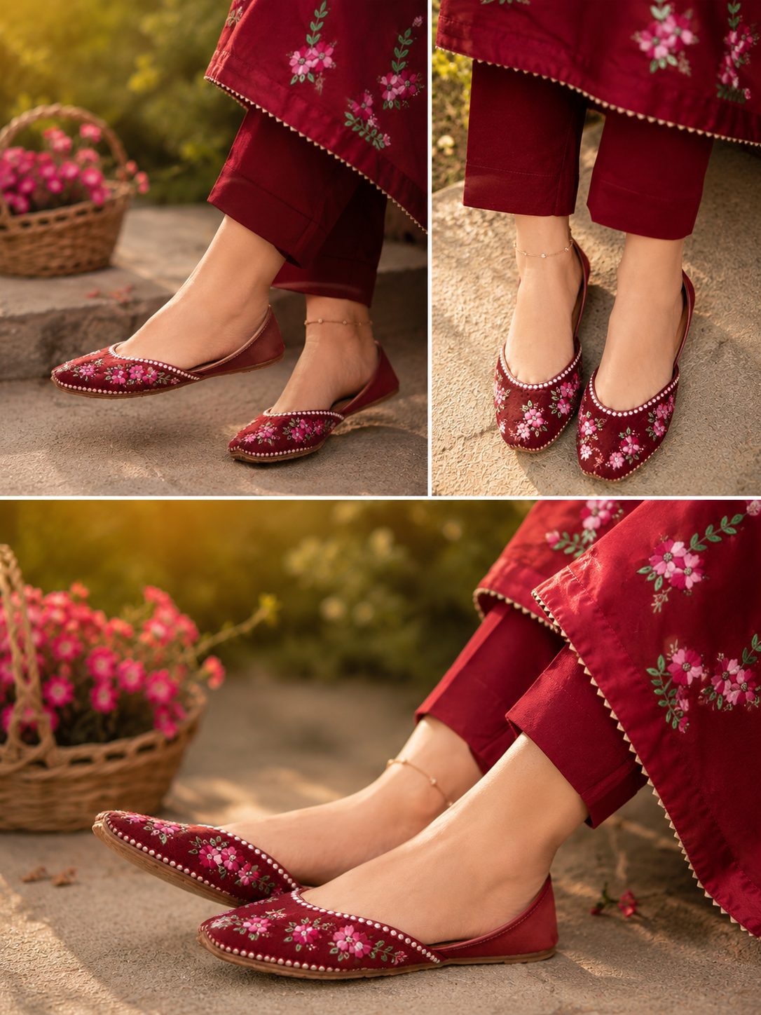 Handcrafted Crimson Bloom Khussa