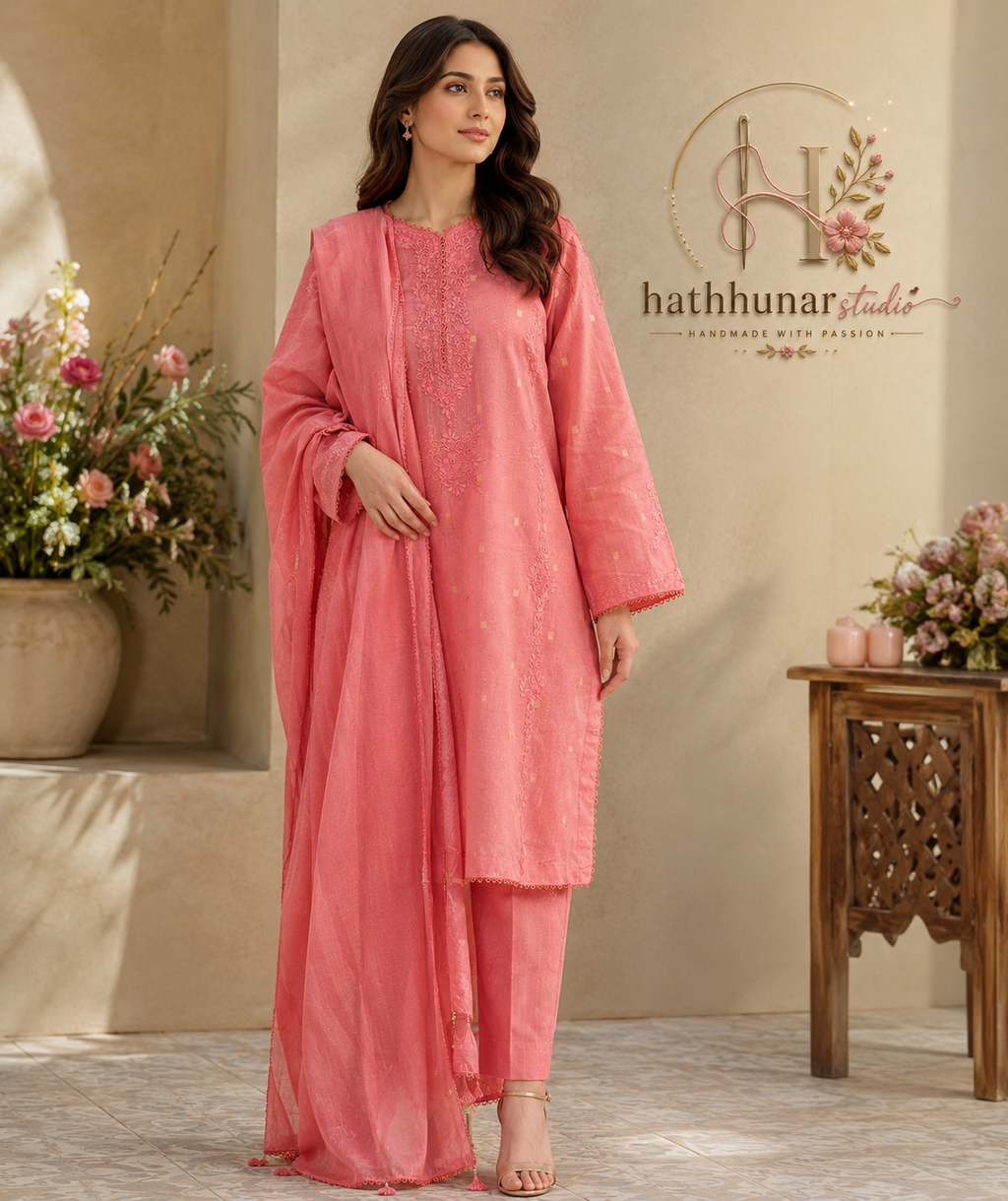 Blush Bloom - 3 Piece Embroidered Lawn Suit with Blended Lawn Dupatta
