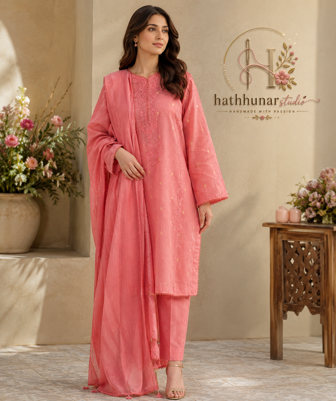 Blush Bloom - 3 Piece Embroidered Lawn Suit with Blended Lawn Dupatta