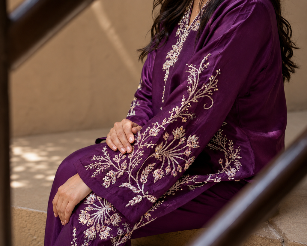 2 Piece - Royal Plum Embroidered Tasar Silk Suit