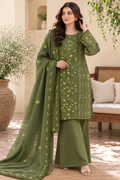 3 Piece - Olive Blossom Embroidered Paper Cotton Suit with Embroidered Dupatta