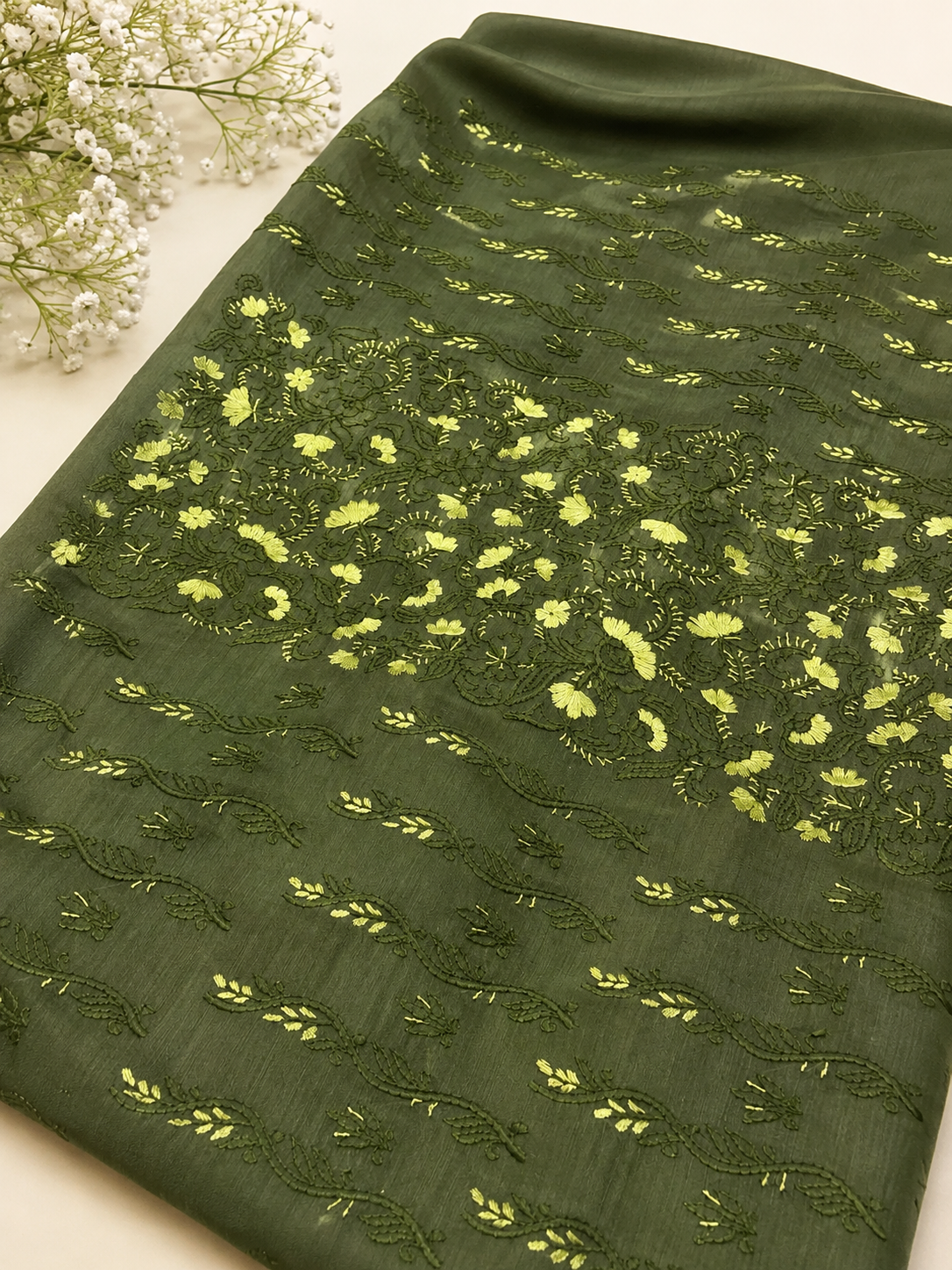 3 Piece - Olive Blossom Embroidered Paper Cotton Suit with Embroidered Dupatta
