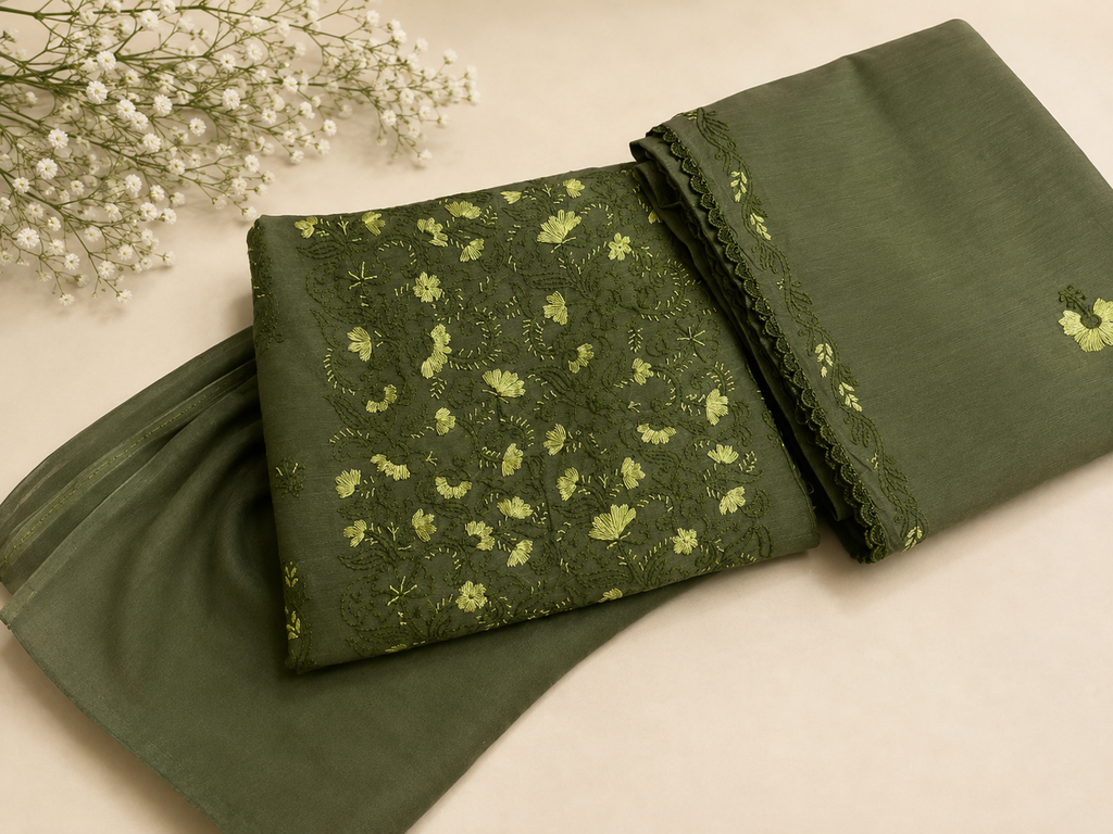 3 Piece - Olive Blossom Embroidered Paper Cotton Suit with Embroidered Dupatta