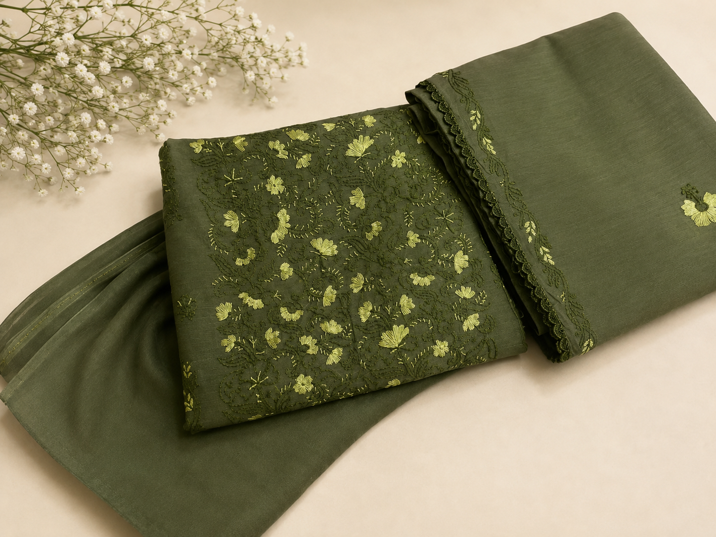 3 Piece - Olive Blossom Embroidered Paper Cotton Suit with Embroidered Dupatta