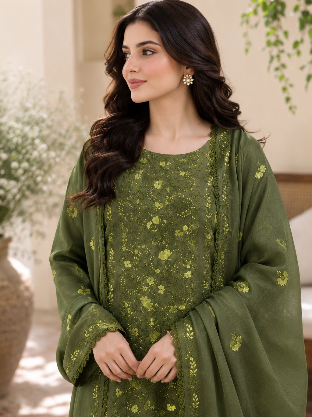 3 Piece - Olive Blossom Embroidered Paper Cotton Suit with Embroidered Dupatta