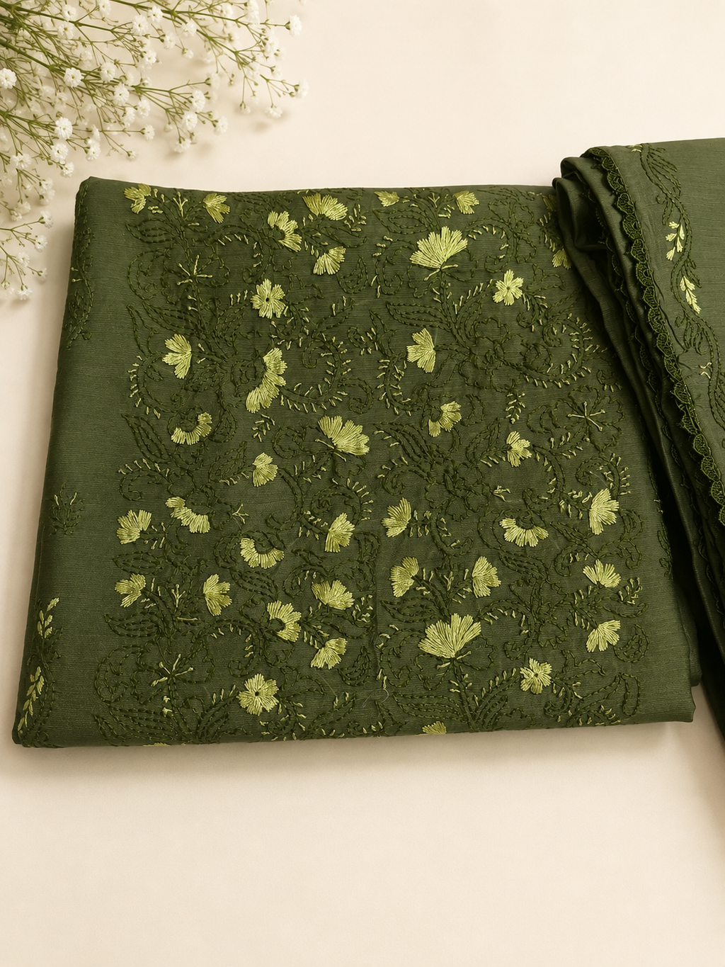 3 Piece - Olive Blossom Embroidered Paper Cotton Suit with Embroidered Dupatta