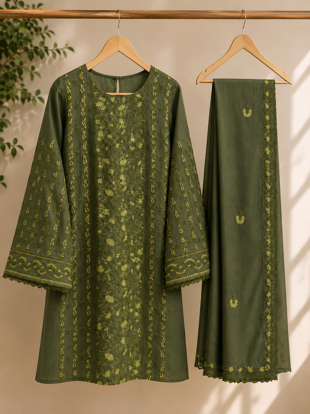 3 Piece - Olive Blossom Embroidered Paper Cotton Suit with Embroidered Dupatta