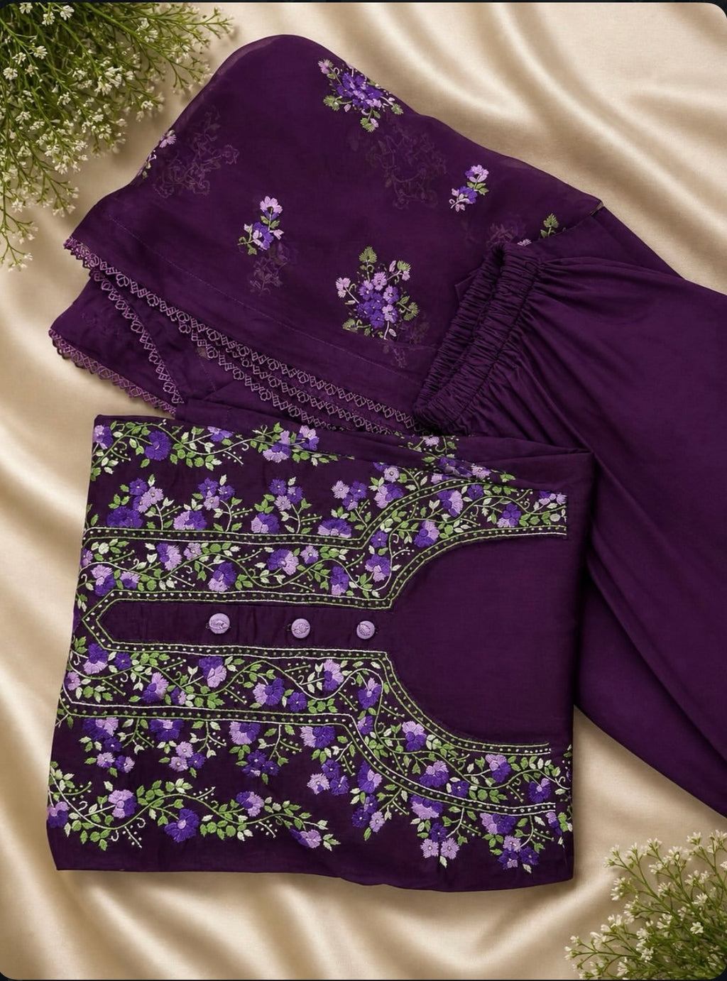 3 Piece - Floral Embroidered Lawn Suit with Chiffon Dupatta - 42602017