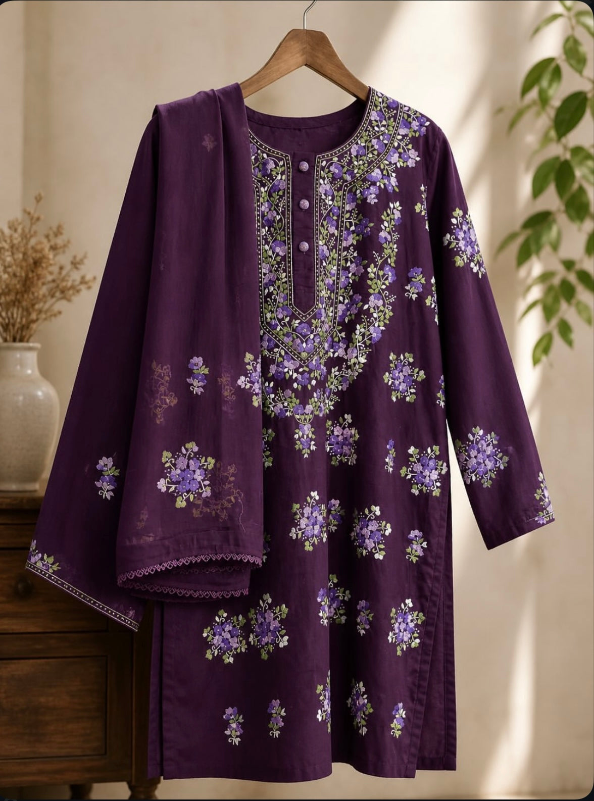 3 Piece - Floral Embroidered Lawn Suit with Chiffon Dupatta - 42602017