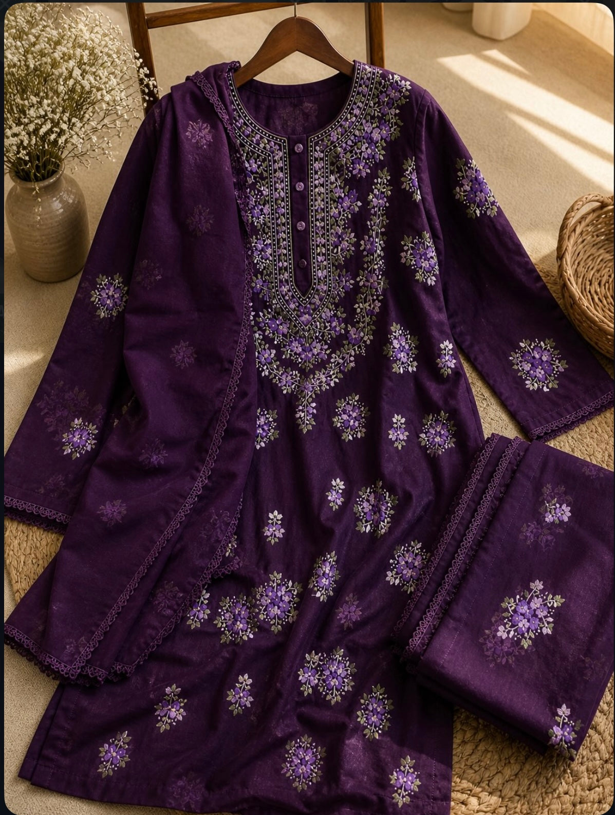 3 Piece - Floral Embroidered Lawn Suit with Chiffon Dupatta - 42602017