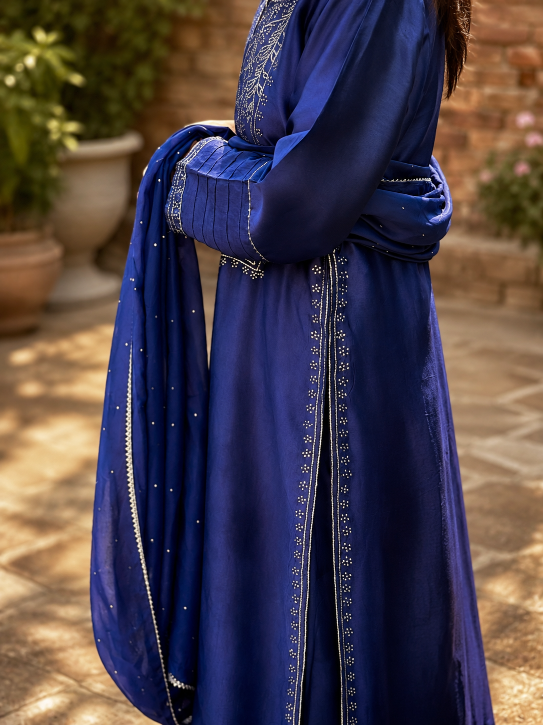 3 Piece Royal Blue Embroidered Sheesh Silk Suit