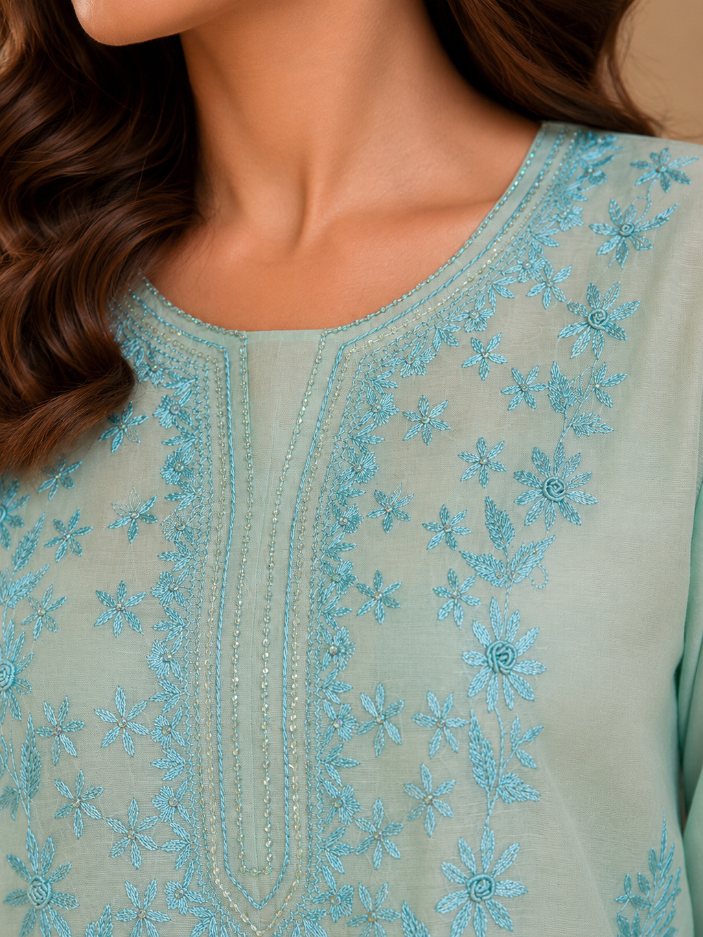 3 Piece - Aqua Bloom Embroidered Suit with Embroidered Dupatta