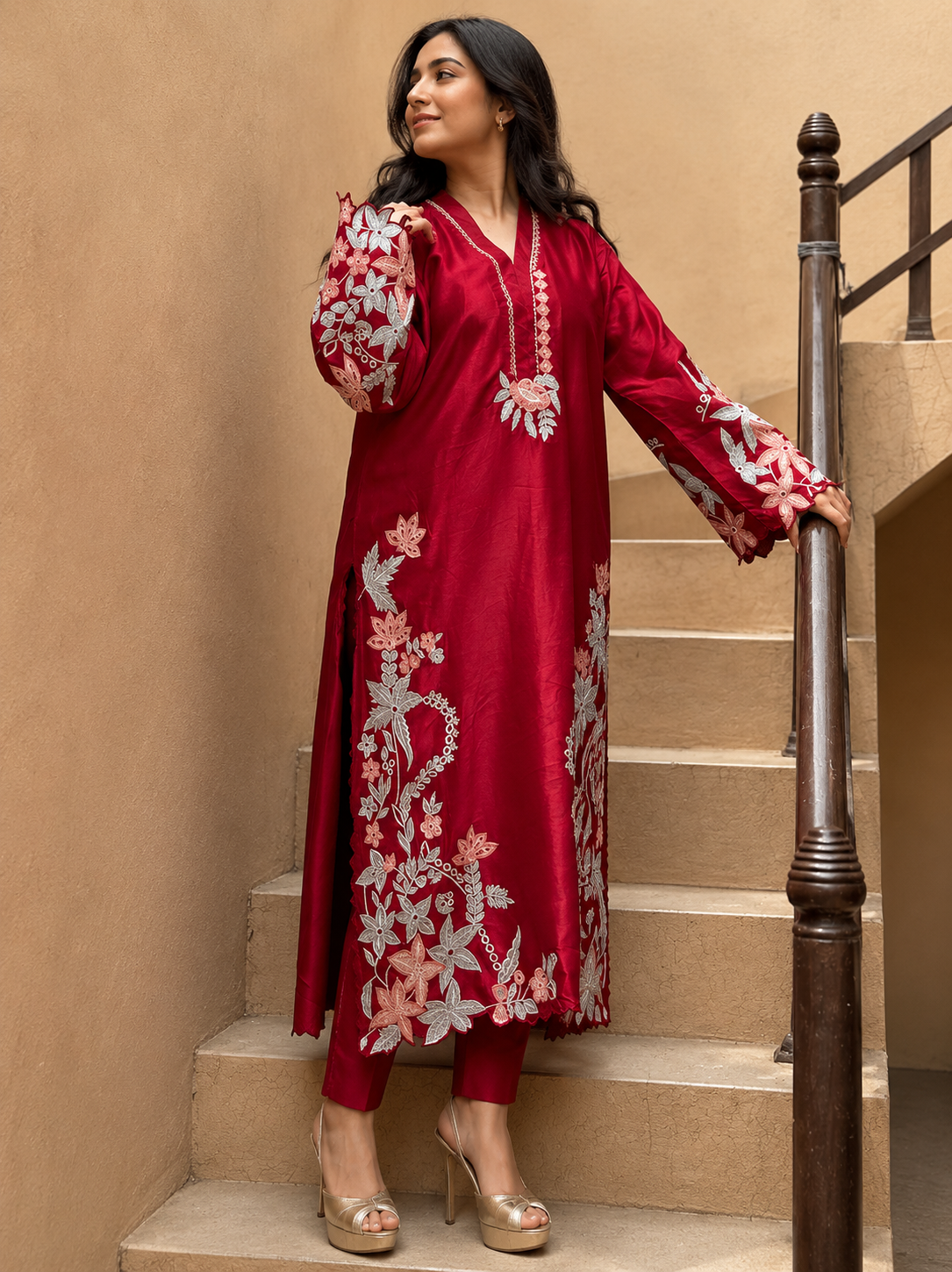 2 Piece - Crimson Bloom Tasar Silk Kaftan Suit