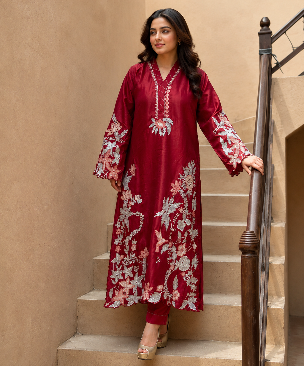 2 Piece - Crimson Bloom Tasar Silk Kaftan Suit