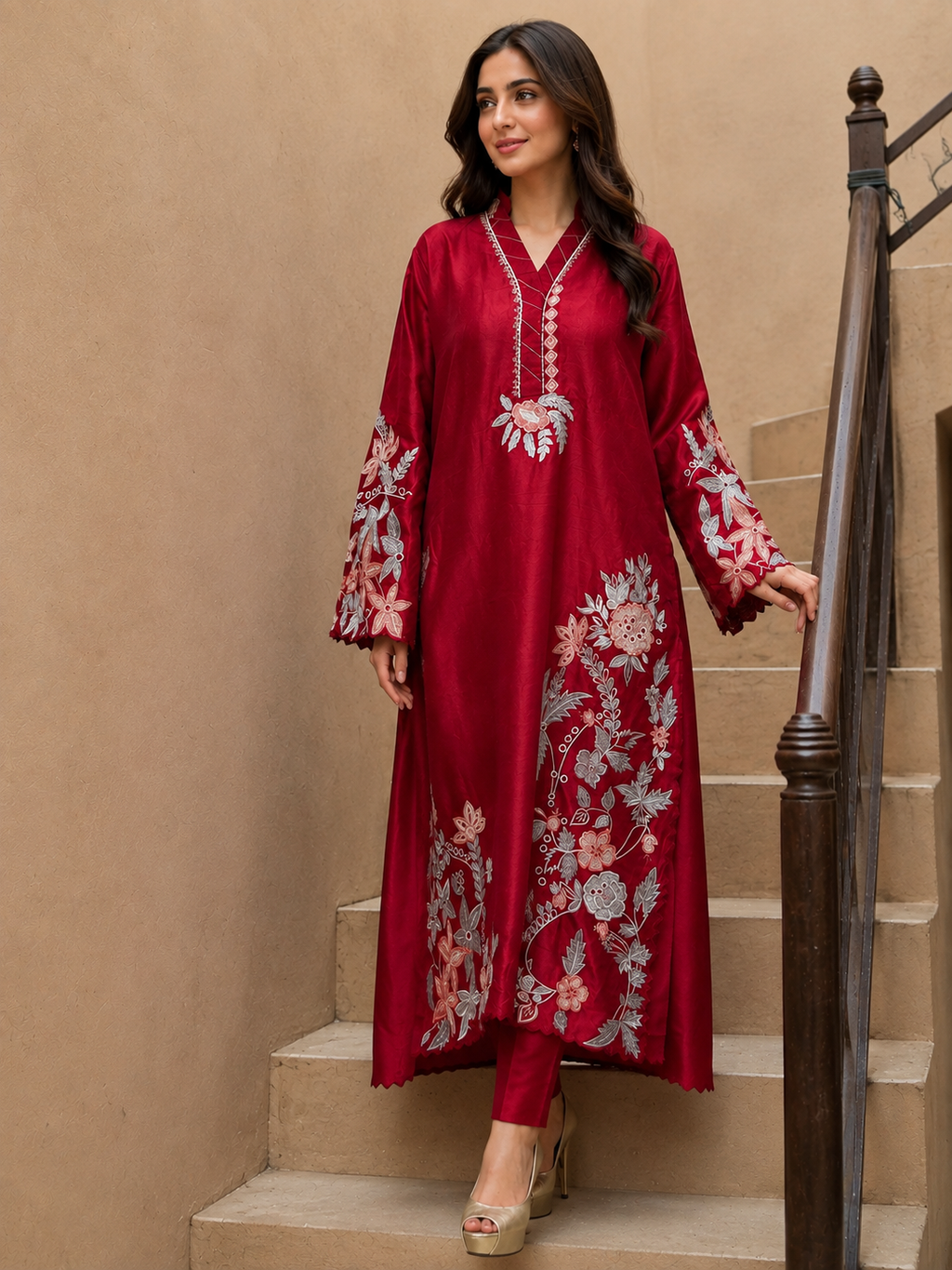 2 Piece - Crimson Bloom Tasar Silk Kaftan Suit