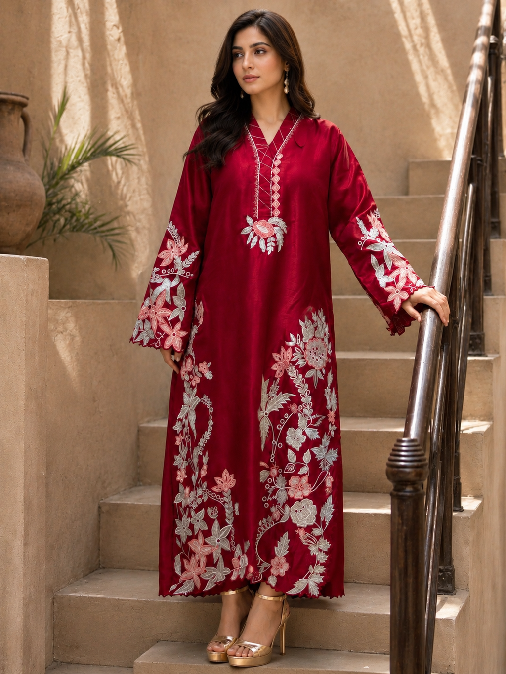 2 Piece - Crimson Bloom Tasar Silk Kaftan Suit